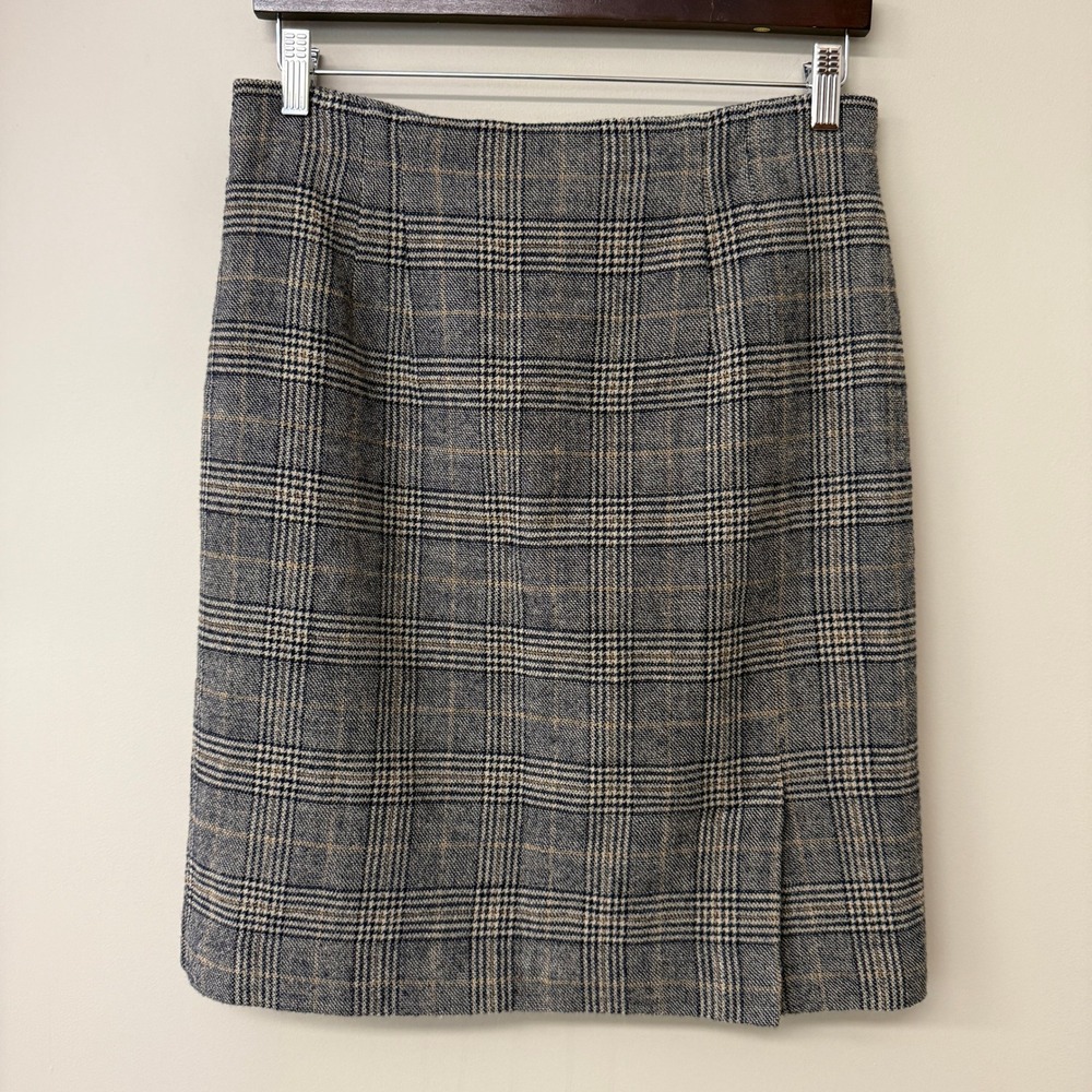 Vintage Evan-Picone Womens Plaid Pencil Skirt Wool Size 10 Grey Slit USA Made